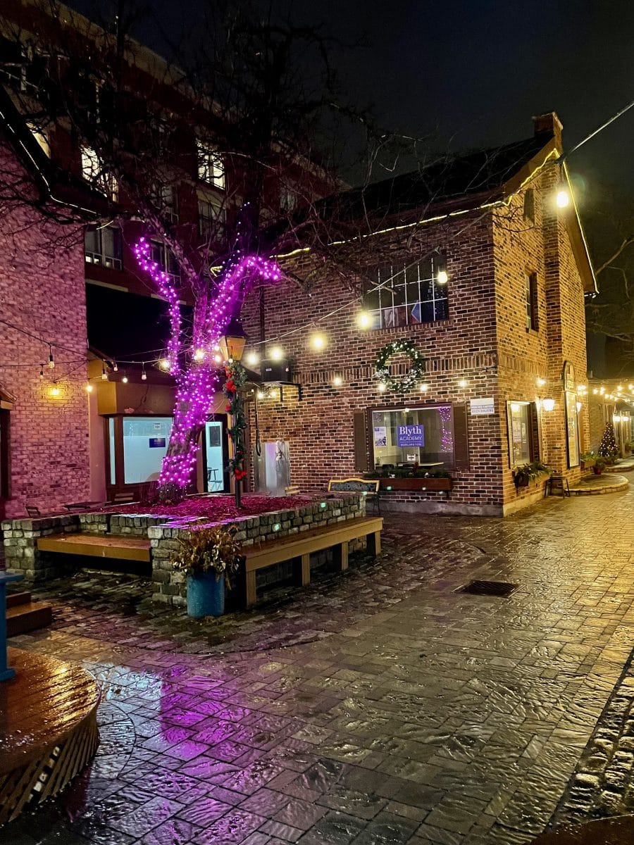 Photo of Central Burlington during a wet winter evening