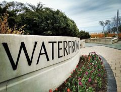 Burlington waterfront sign with flowers
